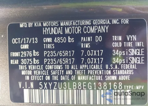 2014 Hyundai Santa Fe Sport from USA, damaged, VIN 5XYZU3LB8EG138168